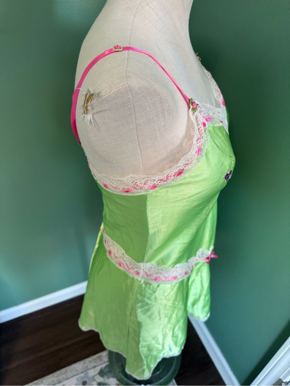 Betsey Johnson Silk-Feel Lime Green Lace Trim Slip Dress - Women's Intimates - Picture 10 of 11